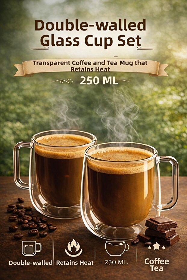 2-Piece Double Walled Glass Mug 250 ml Heat Preserving Transparent Coffee Tea Cup Espresso Glass Cup with Handle