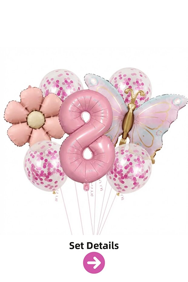 8 Year Old Pink Number Butterfly Daisy Balloon Set Party Decoration