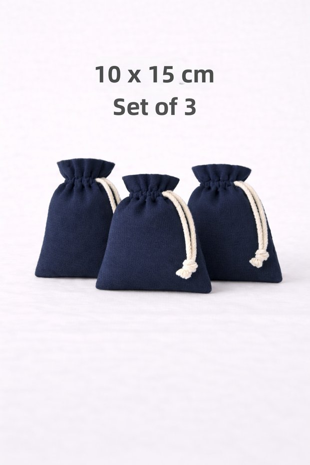 10X15 cm Velvet Look Honeycomb Fabric Drawstring Navy Blue Pouch 3-Piece Set – for Jewelry and Wedding Gifts