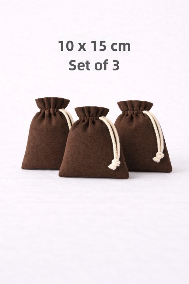 10X15 cm Velvet Look Honeycomb Fabric Drawstring Brown Pouch 3-Piece Set – for Jewelry and Wedding Gifts