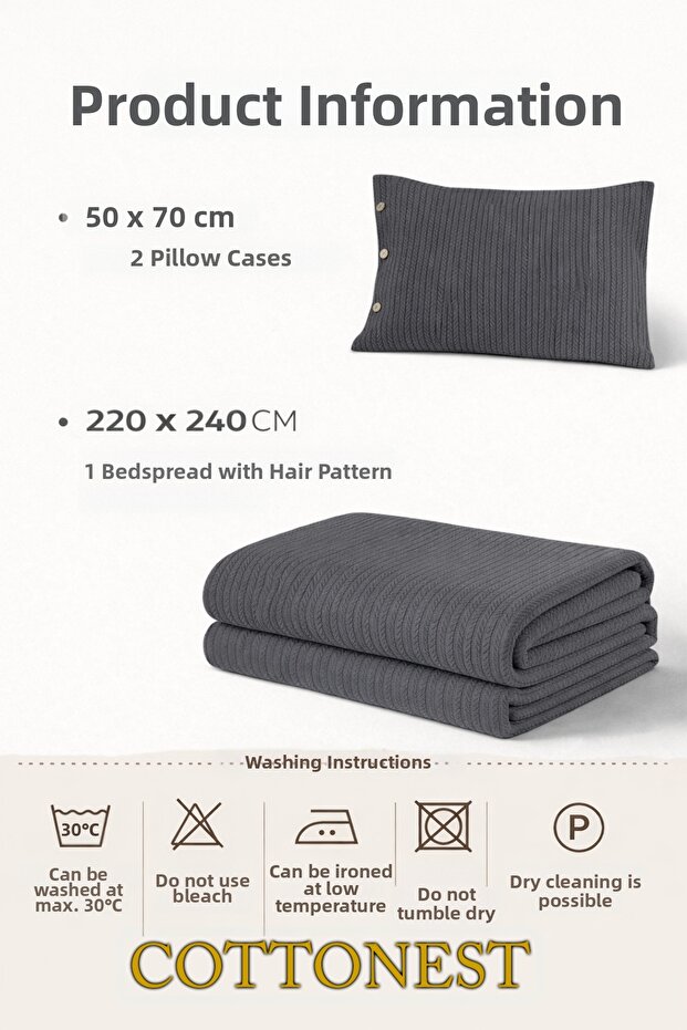 Double Anthracite Bedspread Set with 2 Pillowcases - 3