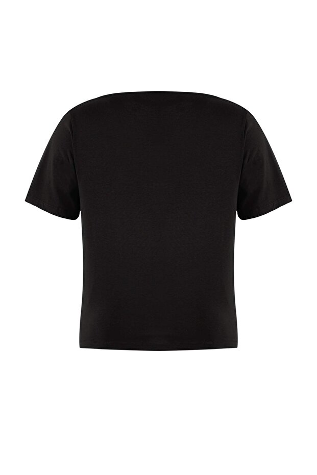 Limited Edition Siyah Drapeli Esnek Örme Büyük Beden T-shirt TBBSS26BF00020 - 6