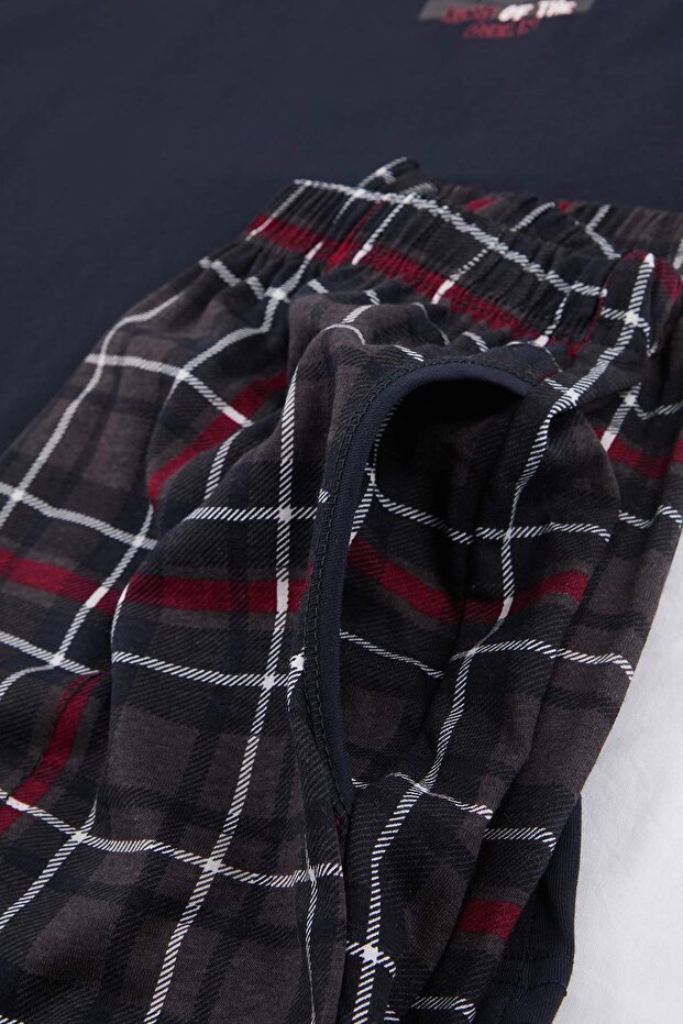 Lacivert Regular Kesim Köpek Balığı Baskılı Ekose Örme Pijama Takımı TMNSS26PT00035 - 6