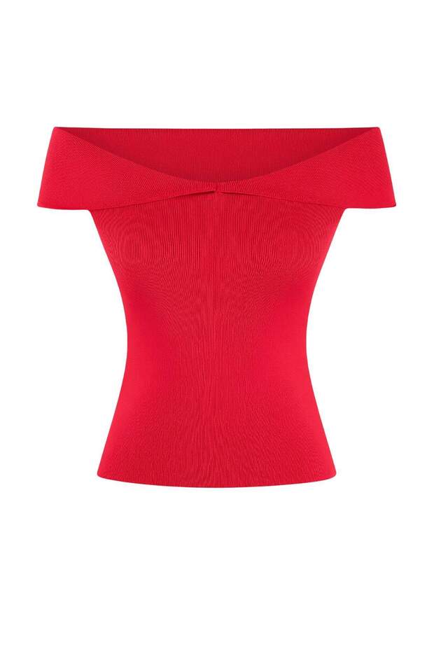 Kırmızı Carmen Yaka Vücudu Saran Triko İnce Bluz TWOSS26BZ00322 - 8