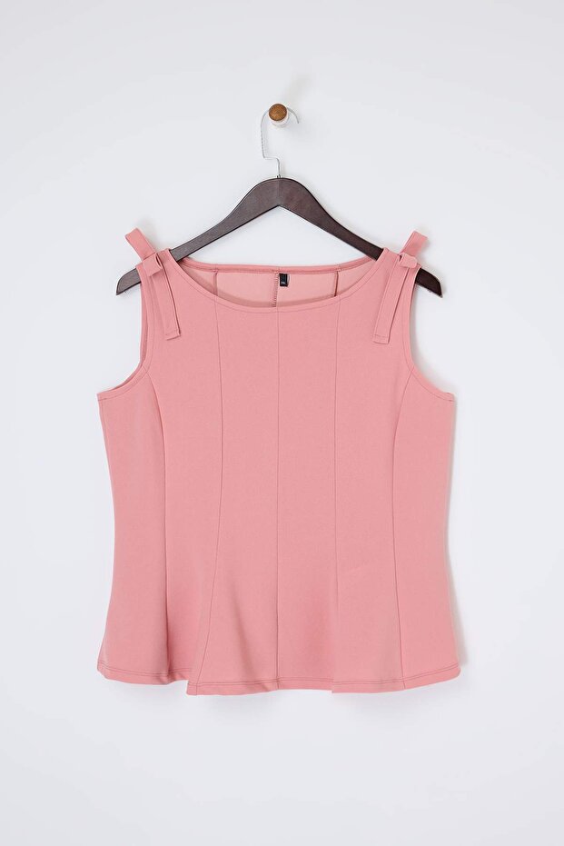 Pembe Sıfır Kol Peplum Belden Oturmalı Omuz Fiyonk Detaylı Örme Bluz TBBSS26AF00078 - 8