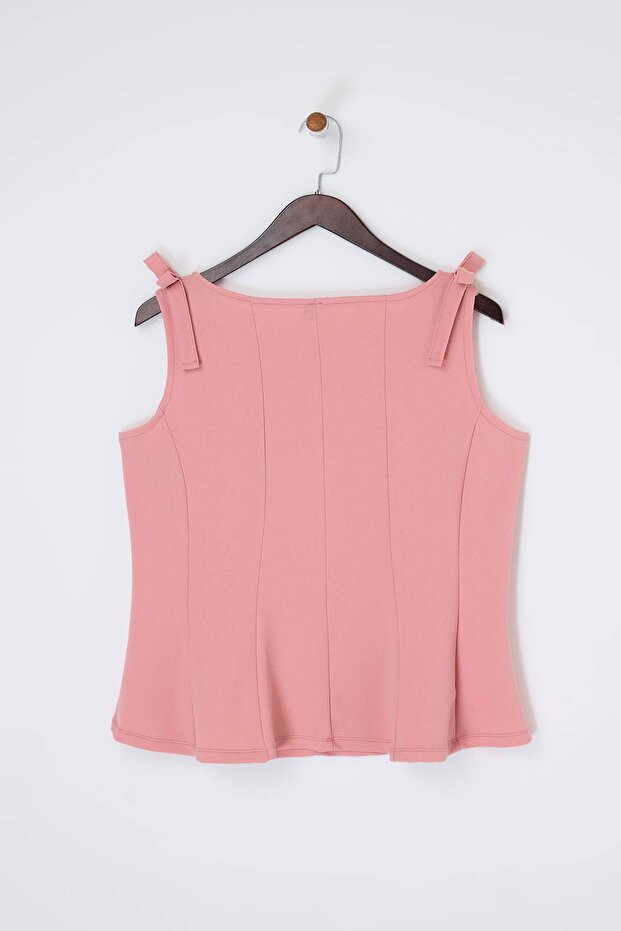Pembe Sıfır Kol Peplum Belden Oturmalı Omuz Fiyonk Detaylı Örme Bluz TBBSS26AF00078 - 9