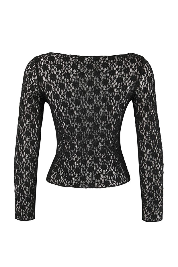 Siyah Düz Fitted Bisiklet Yaka Düşük Kol Uzun Dantel Örme Bluz TWOSS26BZ00441 - 6