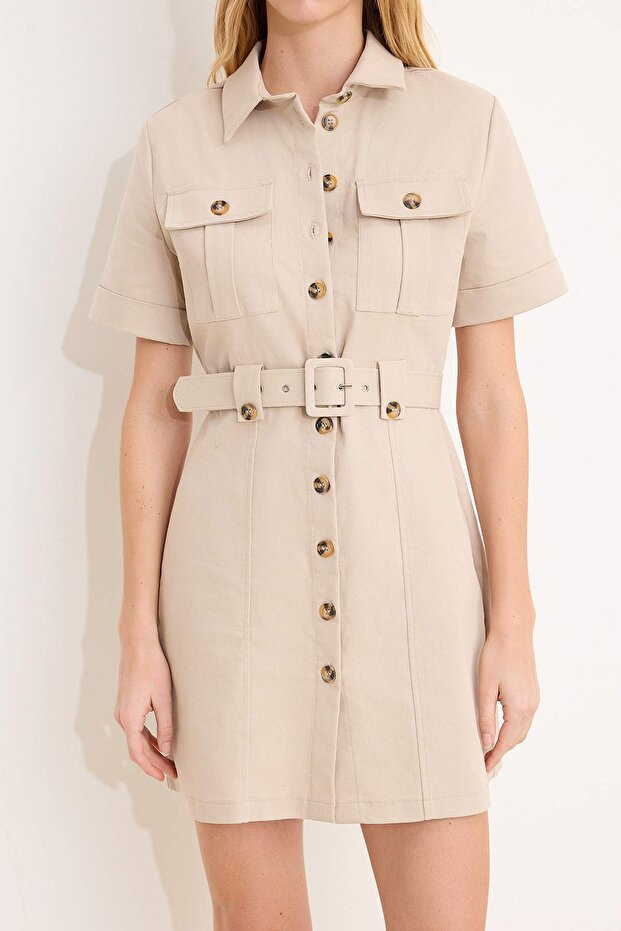Bej Kemerli Mini Gabardin Dokuma Gömlek Elbise TWOSS26EL00117 - 3