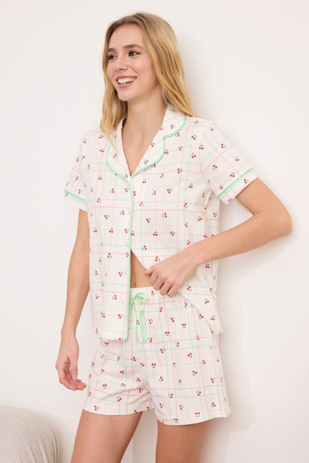 Beyaz Çok Renkli %100 Pamuklu Kiraz Desenli Biyeli Örme Pijama Takımı THMSS26PT00088 - 1