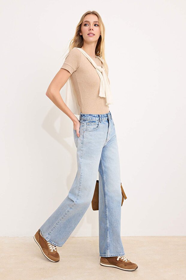 Mavi Yüksek Bel %100 Pamuk Wide Leg Geniş Paça Jeans TWOSS26JE00256 - 1