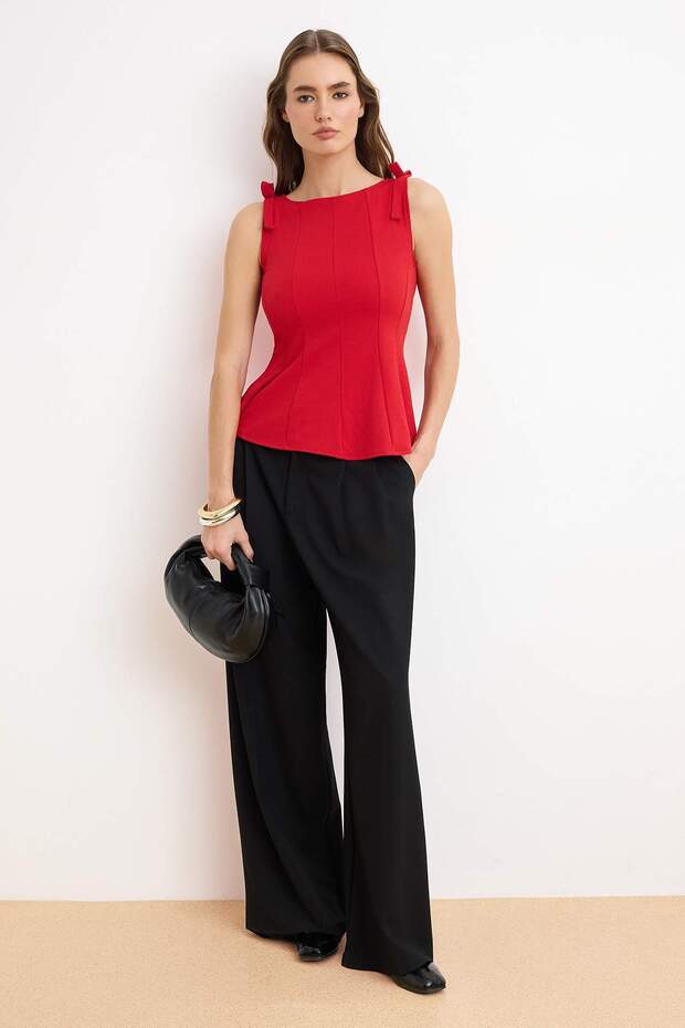 Kırmızı Sıfır Kol Peplum Belden Oturmalı Omuz Fiyonk Detaylı Örme Bluz TWOSS25BZ00482 - 2