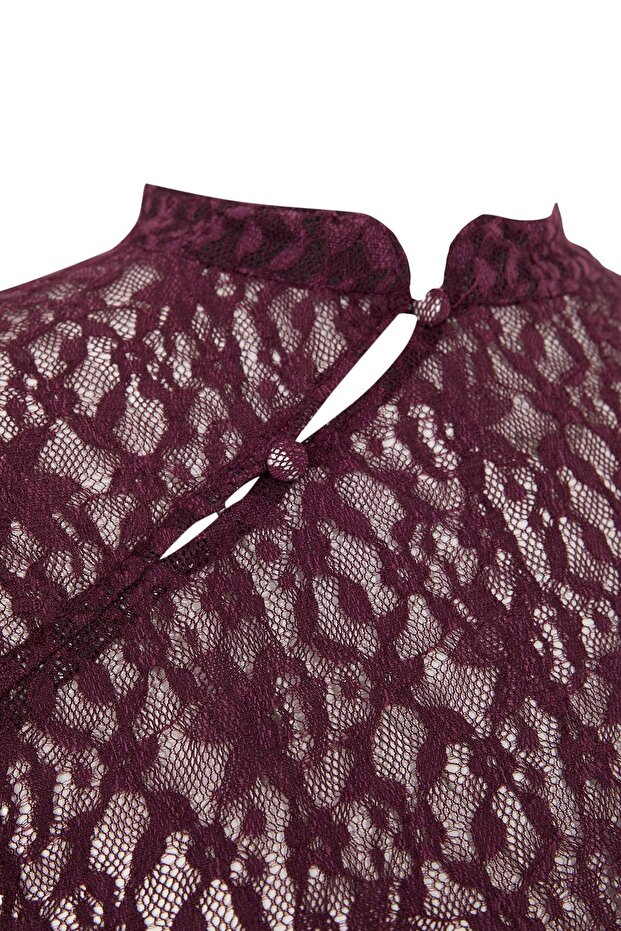 Mürdüm Düğme Detaylı Crop Örme Büyük Beden Bluz TBBSS26AF00023 - 6