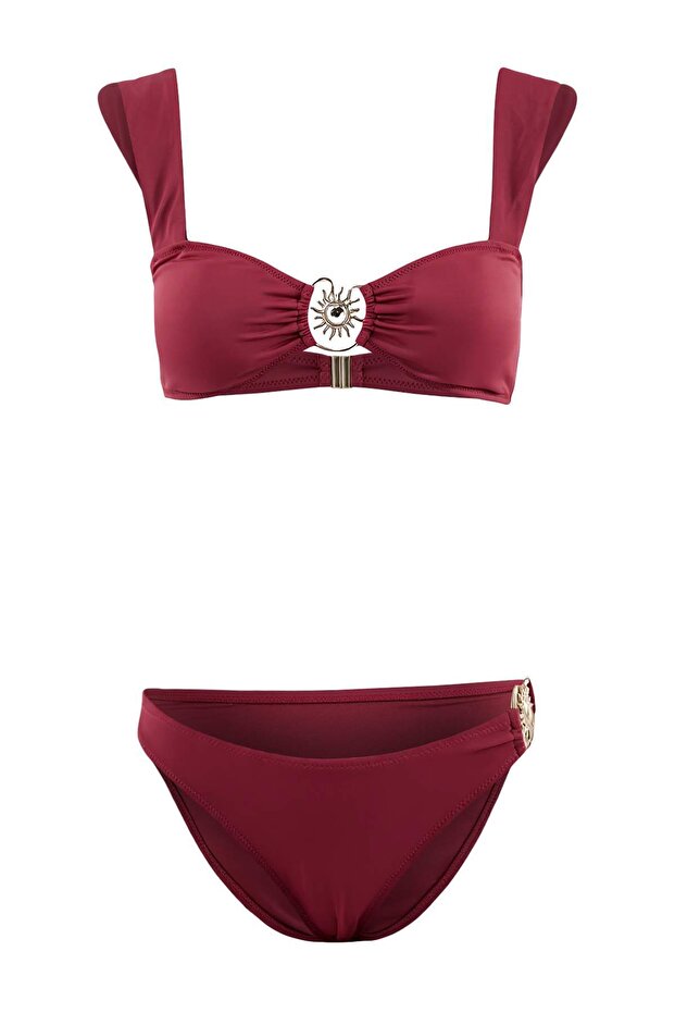 Bordo Bralette Kaplı Döküm Aksesuarlı Regular Normal Bel Bikini Takımı TBESS25BT00061 - 3