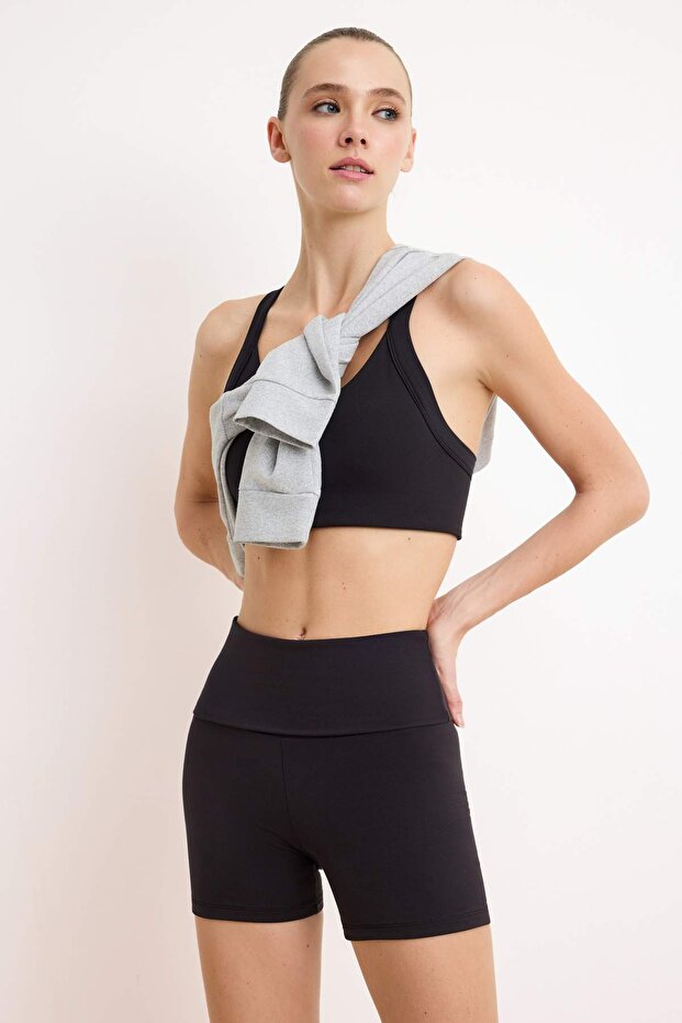 Siyah Bel Katlamalı Fırçalı Soft Kumaş Spor Tayt THMSS26TY00011 - 2
