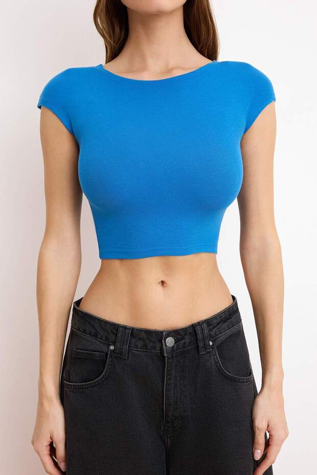 Saks Bisiklet Yaka Ay Kol Fitted/Vücuda Oturan Crop Örme Bluz TWOSS24BZ00446 - 3