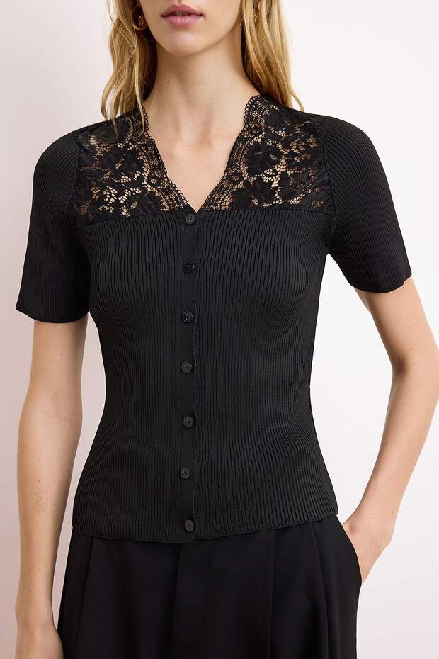 Siyah V Yaka Dantel Detaylı Fitted Fitilli Triko Bluz TWOSS26BZ00124 - 6