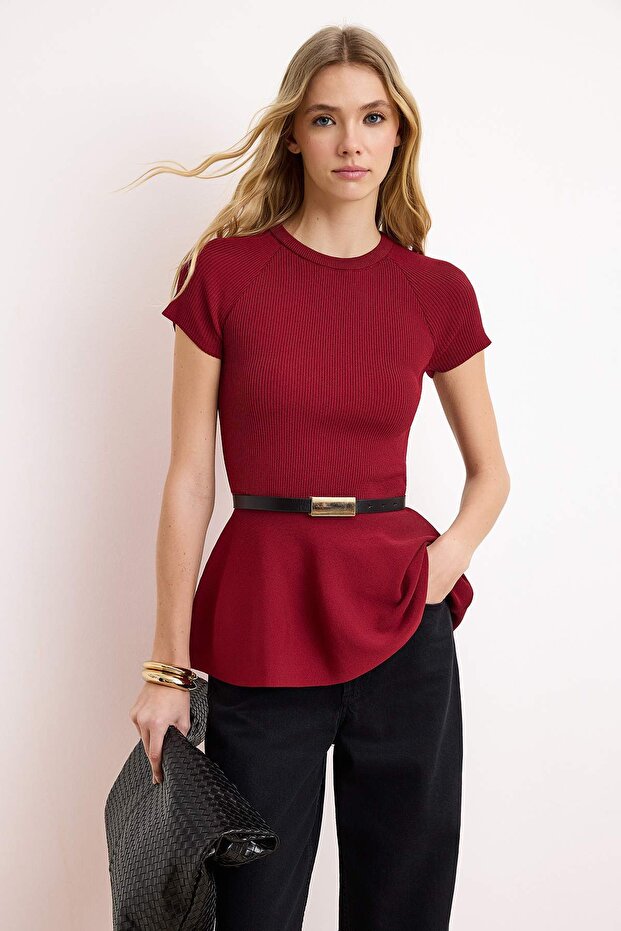 Bordo Premium İplik Bisiklet Yaka Kemer Detaylı Fitted Triko İnce Bluz TWOSS26BZ00281 - 1