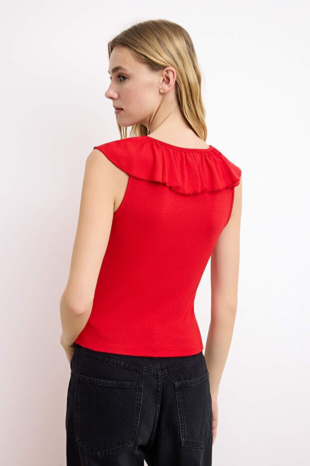 Kırmızı Fitted/Vücuda Oturan V Yaka Volanlı/Fırfırlı Yumuşak Örme Bluz TWOSS26BZ00359 - 4
