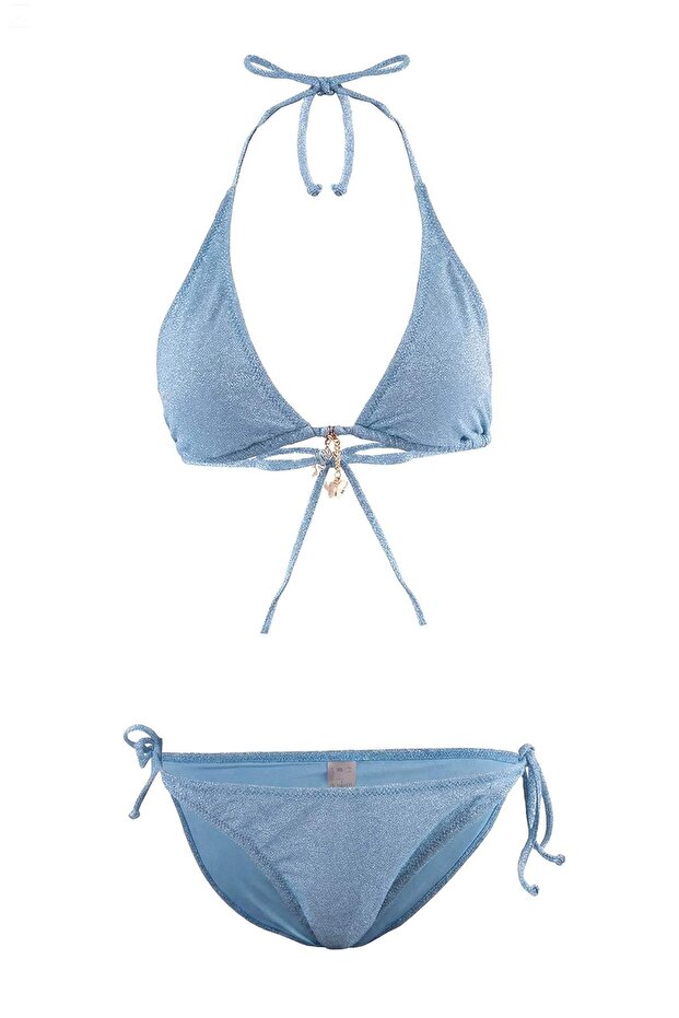 Mavi Simli Üçgen Kaplı Charm Aksesuarlı Normal Bel Regular Bikini Takımı TBESS26BT00053 - 3