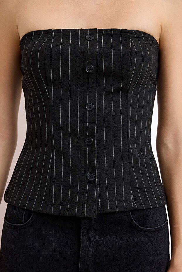 Siyah Fitted/Vücuda Oturan Straplez Düğmeli Kolsuz İnterlok Örme Bluz TWOSS26BZ00384 - 3