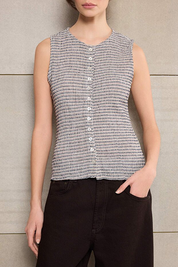 Teen Çok Renkli Çizgili Fitted/Vücuda Oturan Düğmeli Kolsuz Dokulu Örme Bluz TWOSS26BZ00260 - 3