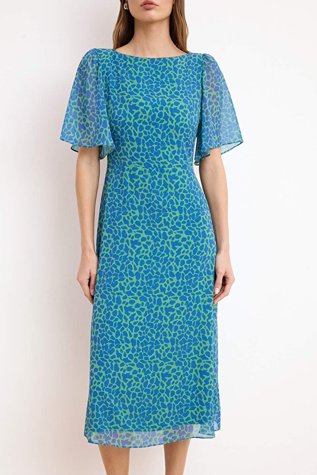 Zöld állatmintás A-vonalú angyalujj bélésű sifon repülő repülő szőtt midi ruha TWOSS23EL01372 - 3