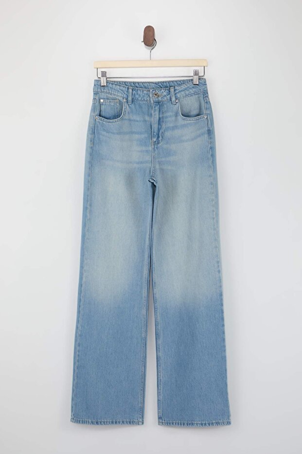 Trendyolmilla Wardrope Essentials Mavi DÖKÜMLÜ Yüksek Bel %100 Pamuk Wide Leg Jeans TWOSS26JE00123 - 1