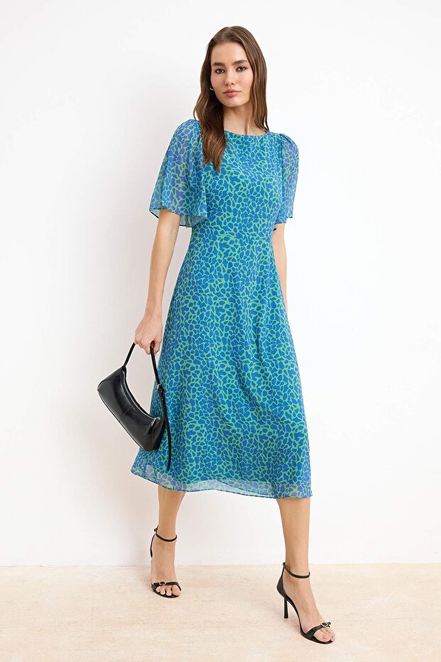 Zöld állatmintás A-vonalú angyalujj bélésű sifon repülő repülő szőtt midi ruha TWOSS23EL01372 - 2