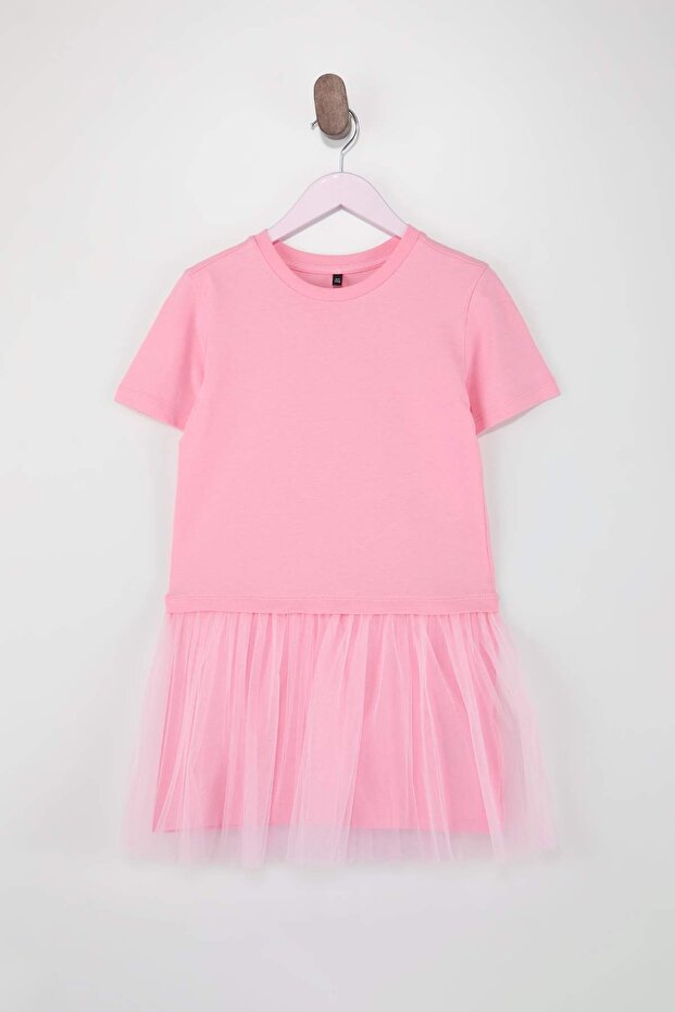 Pembe Kız Çocuk Tül Kısa / Mini Düz Örme Elbise TKDSS26EL00016 - 3