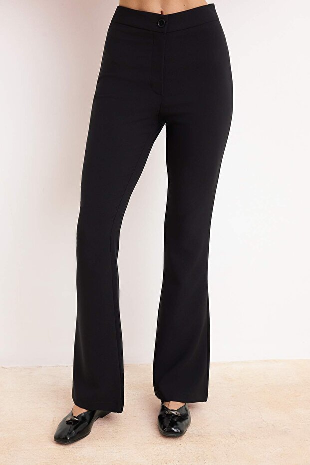 Siyah Flare İspanyol Paça Yüksek Bel Bootcut Dokuma Kumaş Pantolon TWOAW20PL0094 - 3