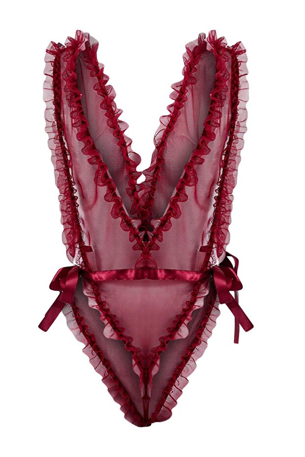Bordo Tül Yandan Bağlamalı Fırfırlı Fitted Body THMSS26BD00016 - 4