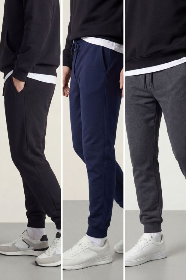 Men's Black-Navy Blue-Anthracite Back Pocket Label Detailed Elastic Leg Regular Fit 3-Piece Sweatpants
