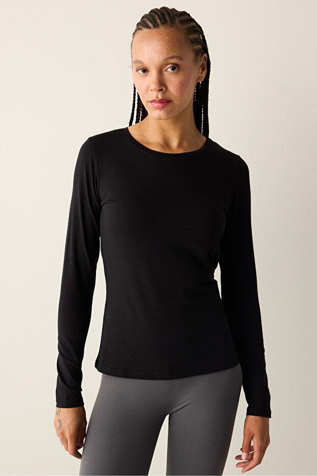 Pamuklu Siyah Basic Uzun Kol Tişört - 1