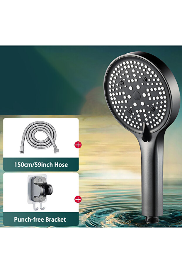 Grey Set High Pressure Shower Head Set Water Saving Rainfall Spray Handheld 6 Jet Modes Shower Head