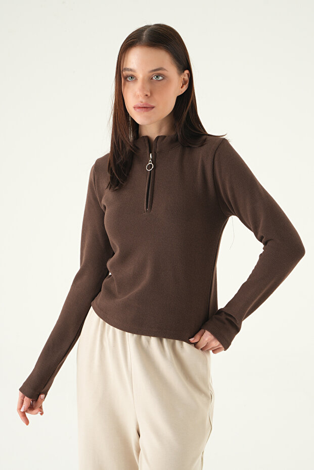 3069A Pulover cu mânecă lungă și fermoar, maro - 2