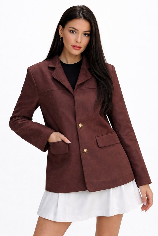 Women's Brown Buttoned Suede Jacket with Pocket Detail