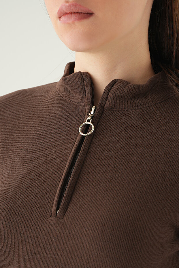 3069A Pulover cu mânecă lungă și fermoar, maro - 4