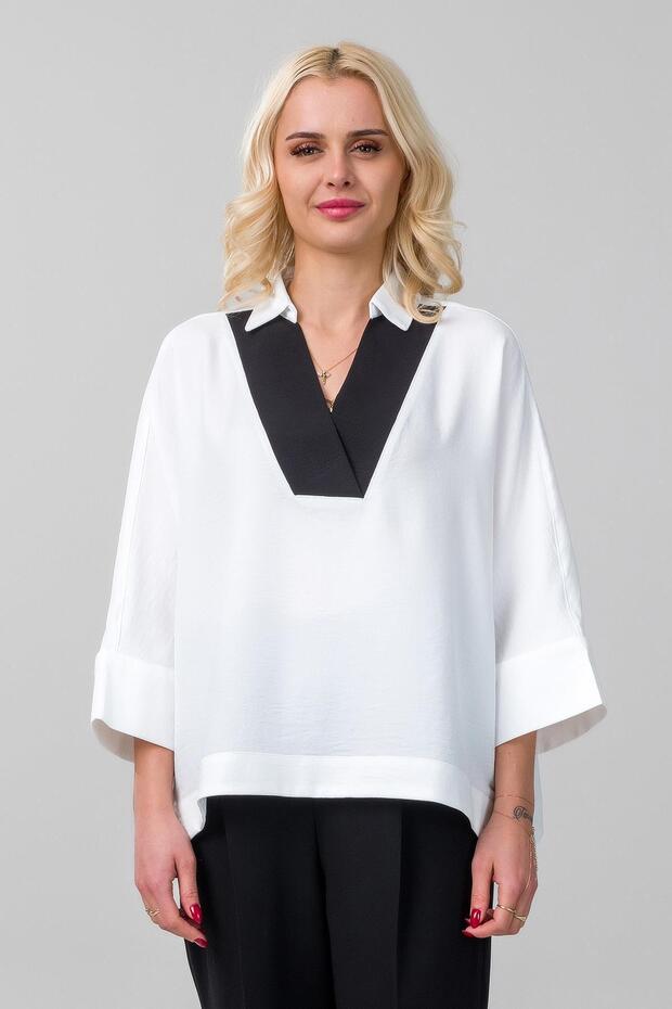 Women's Shirt Collar Collar White Black, Combined Sleeves and Cuffs Loose Cut Aerobin Fabric Blouse
