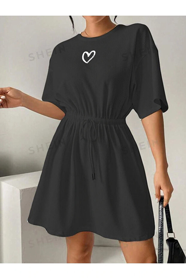 Heart Embroidered Waist Adjustable Dress