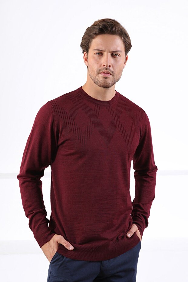 Claret Red Crew Neck Superfine Wool Men's Knitwear Sweater