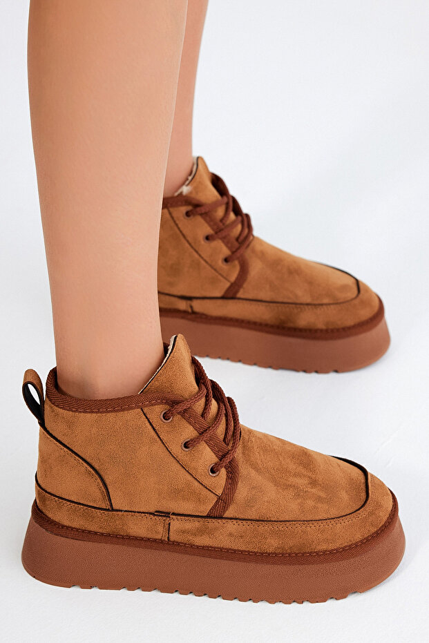 Women's Tan Suede Comfortable Fit Lace-Up Furry Suede Boots