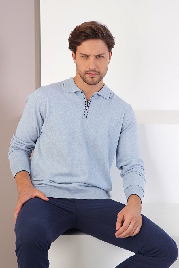 Cristello Polo Collar Zippered Men's Cotton Sweater