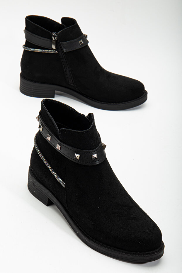 Women's Black Suede Thermo Sole Stone Rope Zippered Short Heeled Boots
