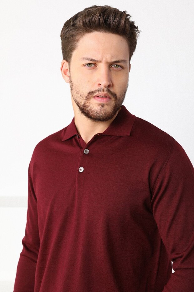 Burgundy Polo Collar Superfine Men's Knitwear Sweater