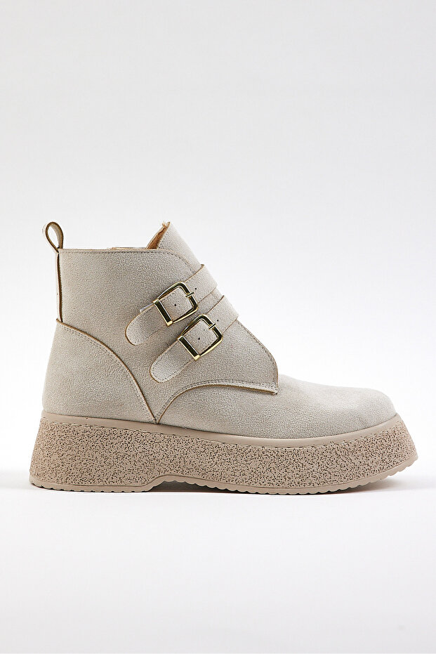 Women's Beige Suede Comfortable Fit High Sole Double Buckle Zippered Boots