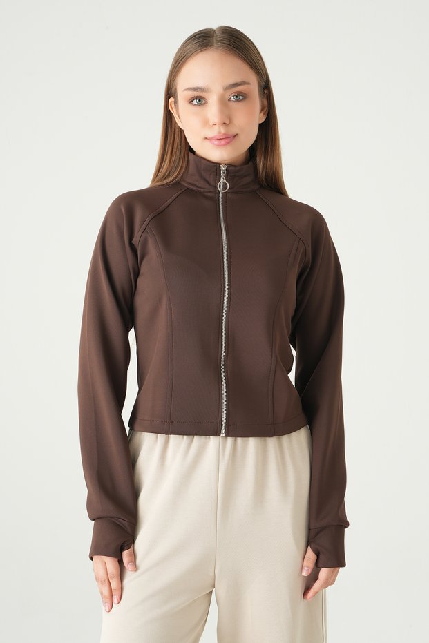 Coffee Front Zippered Short Cardigan 3074A