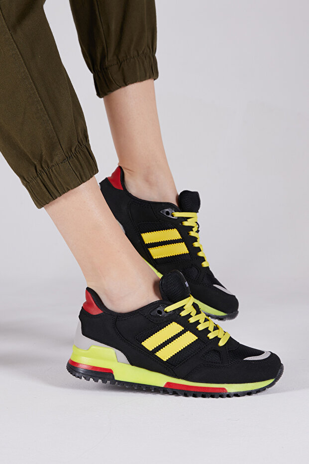Unisex Siyah Sarı Termo Taban Şeritli Bağcıklı Spor Ayakkabı - 5
