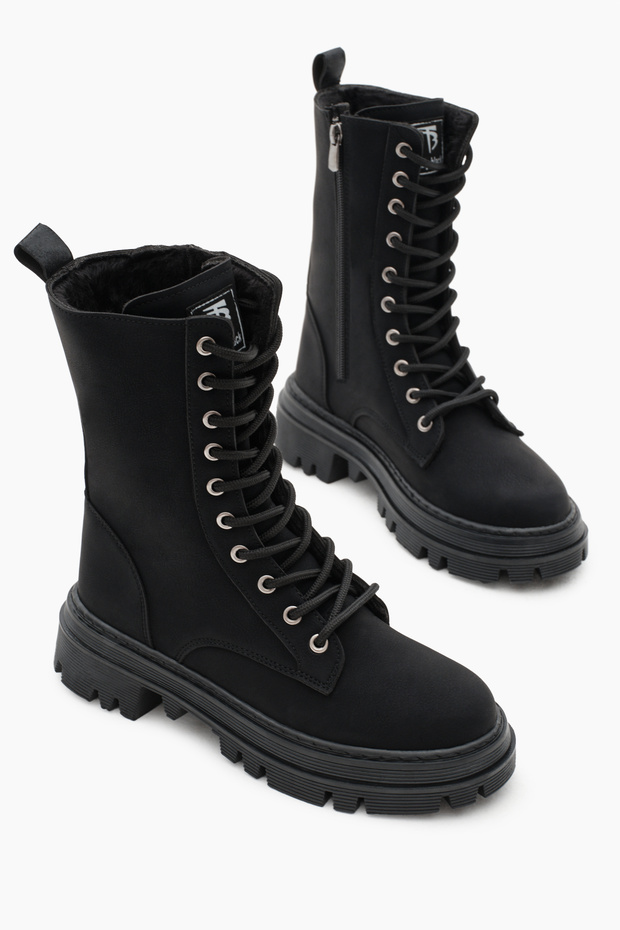 Women's Black Matte Thermo Sole Side Double Buckle Lace up and Zipper Boots