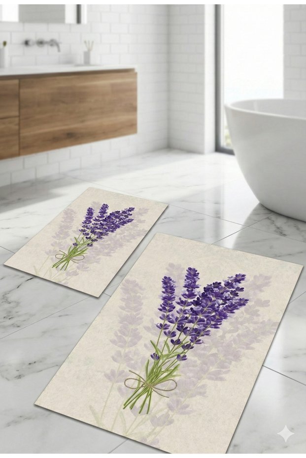 Lavender Patterned Non-Slip Base Bathroom Mat Set 60X90 and 60X40