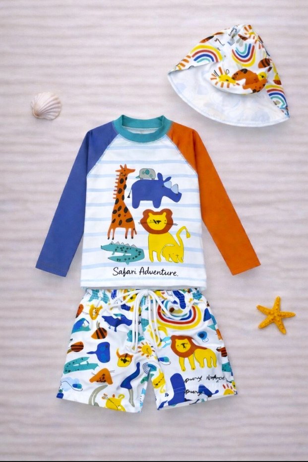 New Season Character Patterned Sun Protection Hat and Swim Shorts Children's Swimsuit Set (Set of 3)